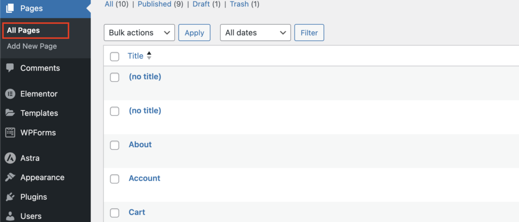 WordPress All Pages Dashboard