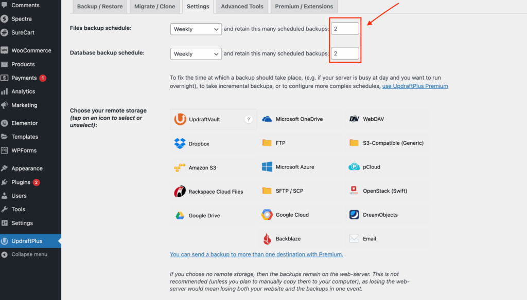 UpdraftPlus Plugin Settings- Retaining number of backups