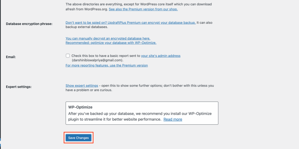 UpdraftPlus Plugin Settings- Save Changes