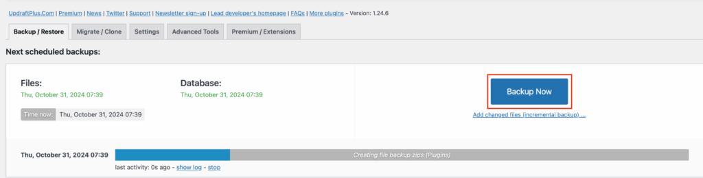Take manual backup using UpdraftPlus Plugin