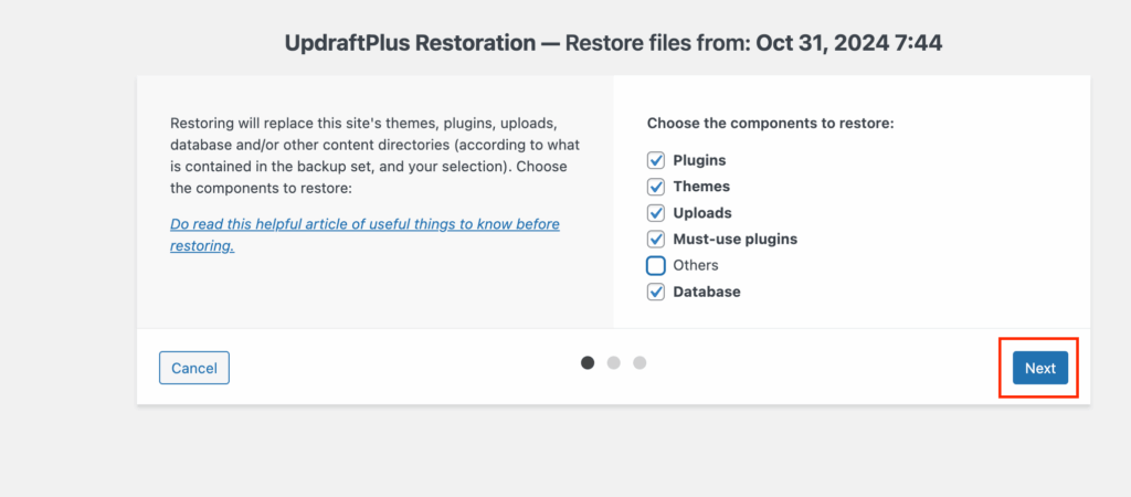 Selecting components to restore